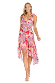 High-Low Midi Dress in Coral Tones with Side Pleats and Ruffle Straps