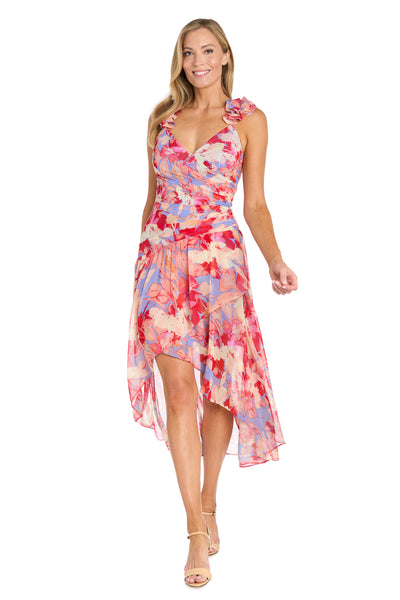 High-Low Midi Dress in Coral Tones with Side Pleats and Ruffle Straps