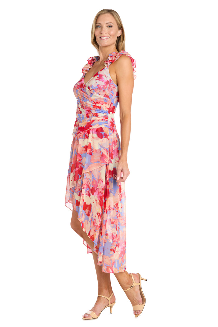 High-Low Midi Dress in Coral Tones with Side Pleats and Ruffle Straps