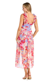 High-Low Midi Dress in Coral Tones with Side Pleats and Ruffle Straps