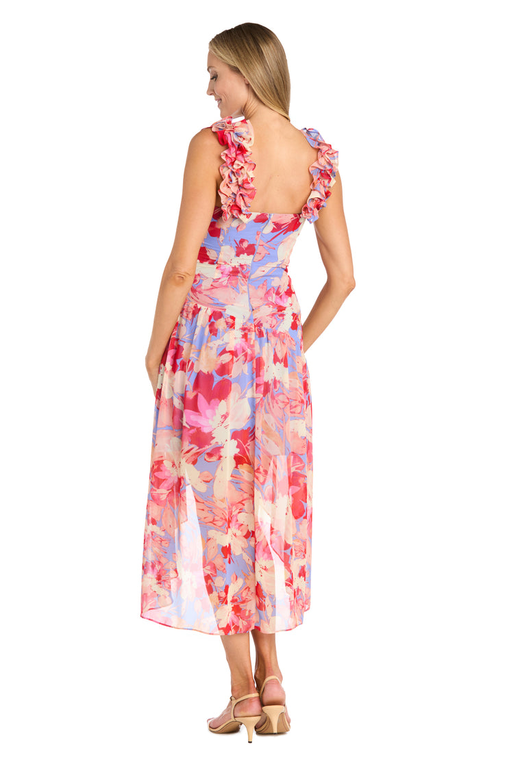 High-Low Midi Dress in Coral Tones with Side Pleats and Ruffle Straps