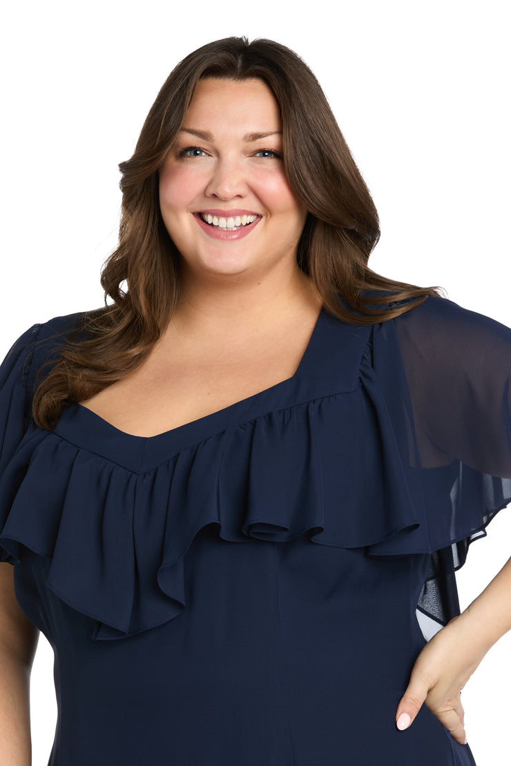 Elegant Midi Chiffon Dress with Ruffle Top and Chiffon Caplet - Plus