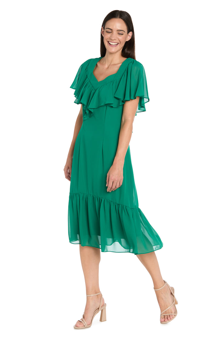 Elegant Midi Chiffon Dress with Ruffle Top and Chiffon Caplet