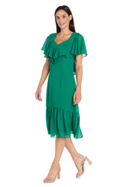 Elegant Midi Chiffon Dress with Ruffle Top and Chiffon Caplet