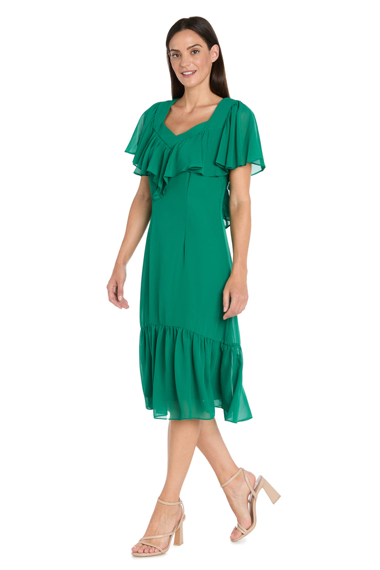 Elegant Midi Chiffon Dress with Ruffle Top and Chiffon Caplet