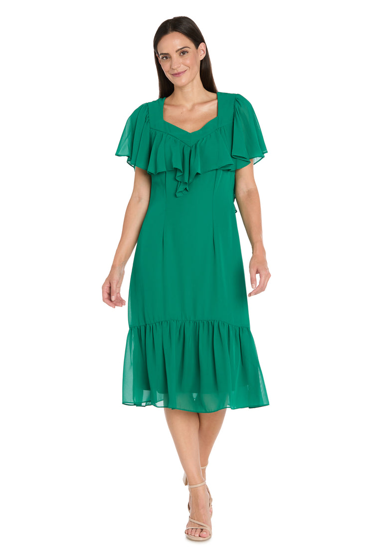 Elegant Midi Chiffon Dress with Ruffle Top and Chiffon Caplet