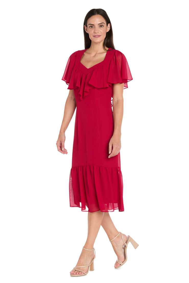 Elegant Midi Chiffon Dress with Ruffle Top and Chiffon Caplet