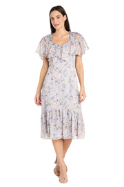 Floral Chiffon Midi Dress with Ruffled Sweetheart Neckline and Hem