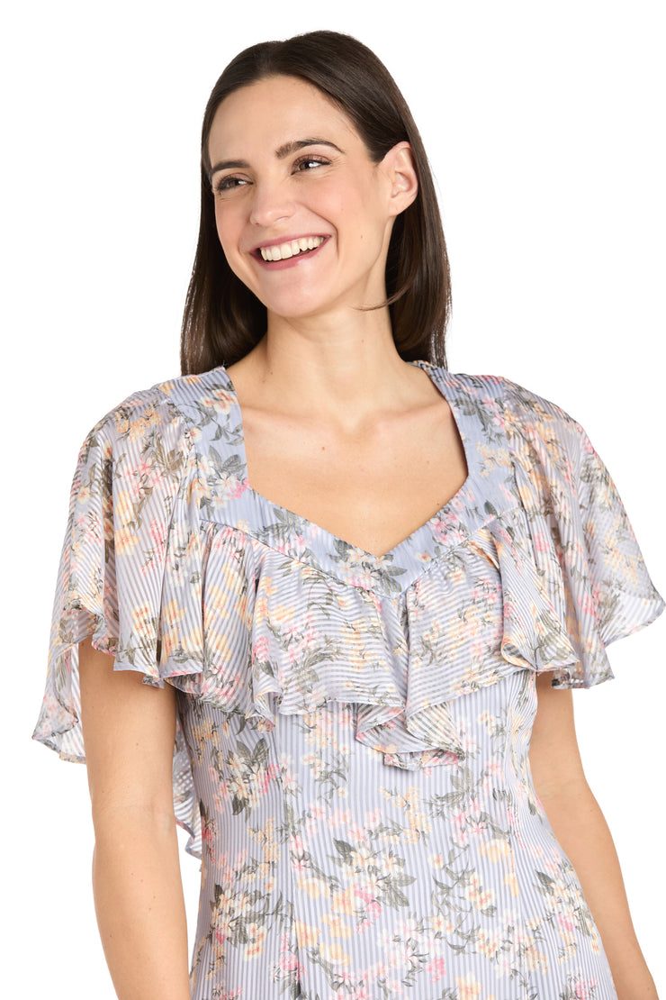 Floral Chiffon Midi Dress with Ruffled Sweetheart Neckline and Hem