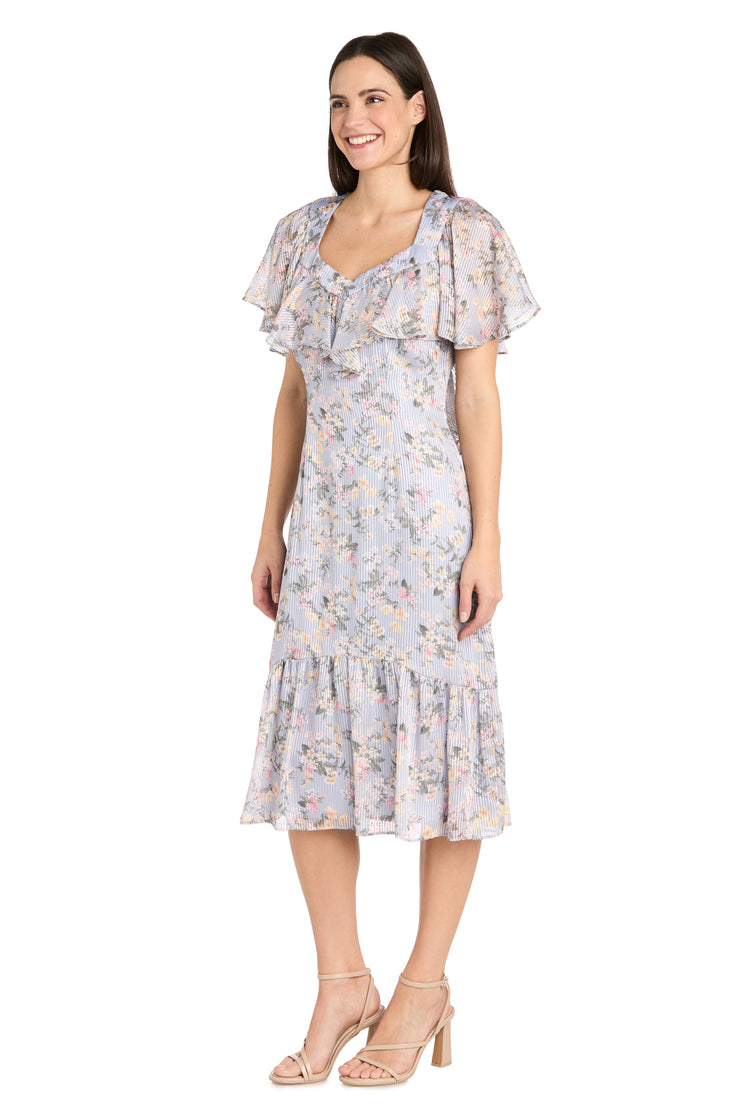 Floral Chiffon Midi Dress with Ruffled Sweetheart Neckline and Hem