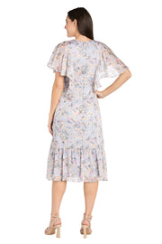 Floral Chiffon Midi Dress with Ruffled Sweetheart Neckline and Hem