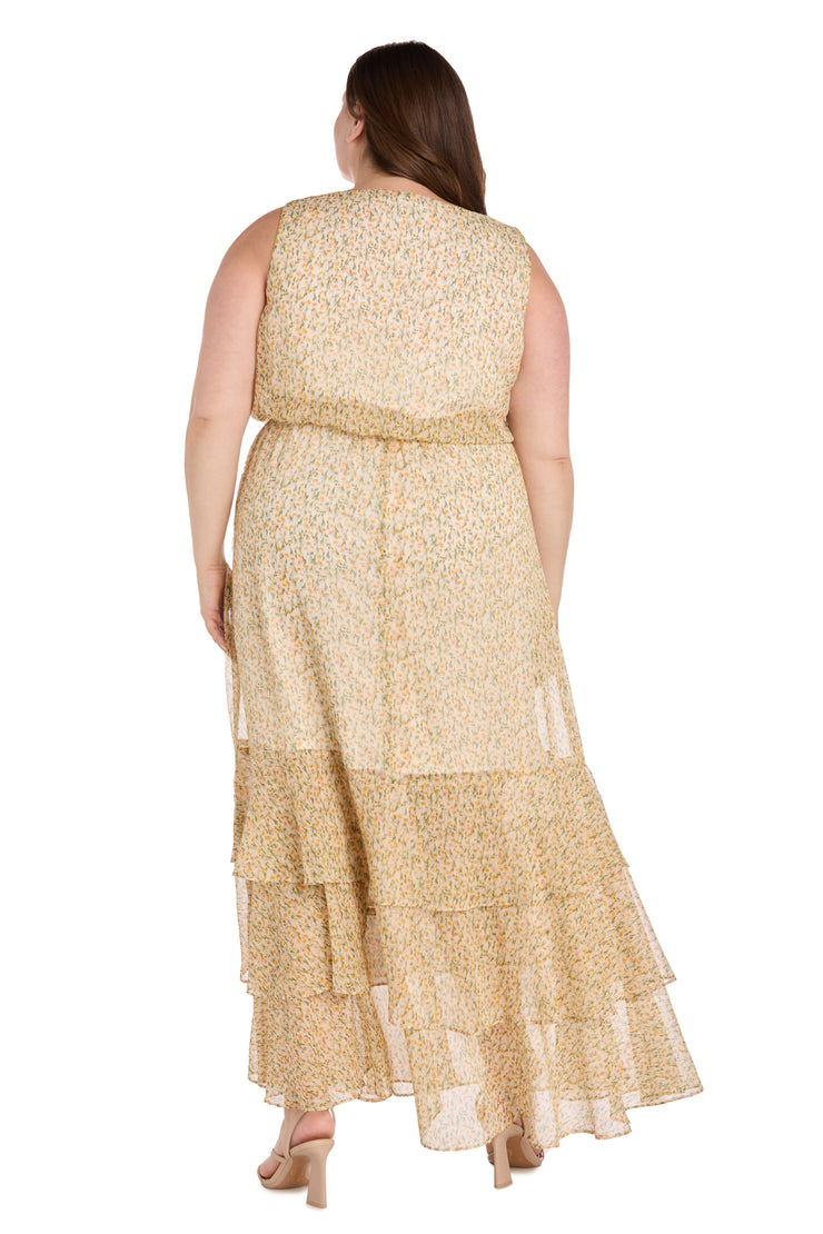 Yellow Floral Chiffon Maxi Dress with Ruffle Skirt - Plus