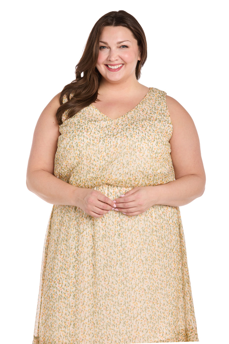 Yellow Floral Chiffon Maxi Dress with Ruffle Skirt - Plus