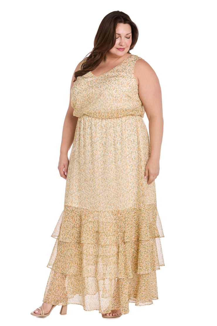 Yellow Floral Chiffon Maxi Dress with Ruffle Skirt - Plus