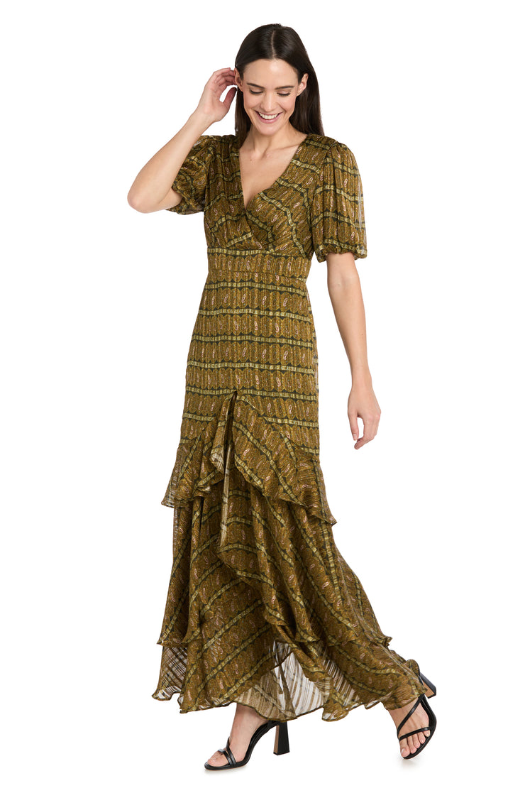 Olive Tiered Ruffle Dress with Balloon Sleeves