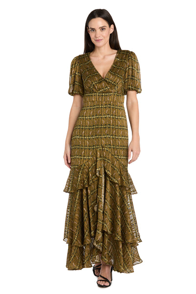 R & M Richards Women's Satin Metallic Stripe Puff-Sleeve Dress - Olive - 8 R & M Richards Women's Satin Metallic Stripe Puff-Sleeve Dress - Olive - 8