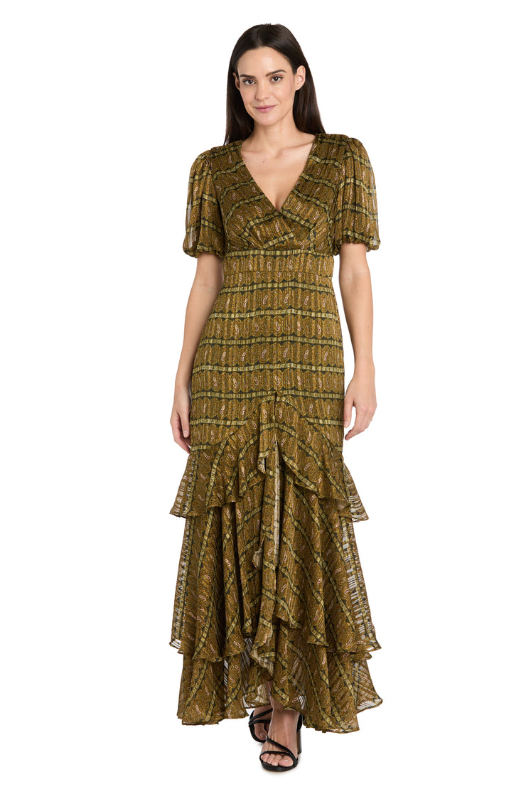 Olive Tiered Ruffle Dress with Balloon Sleeves