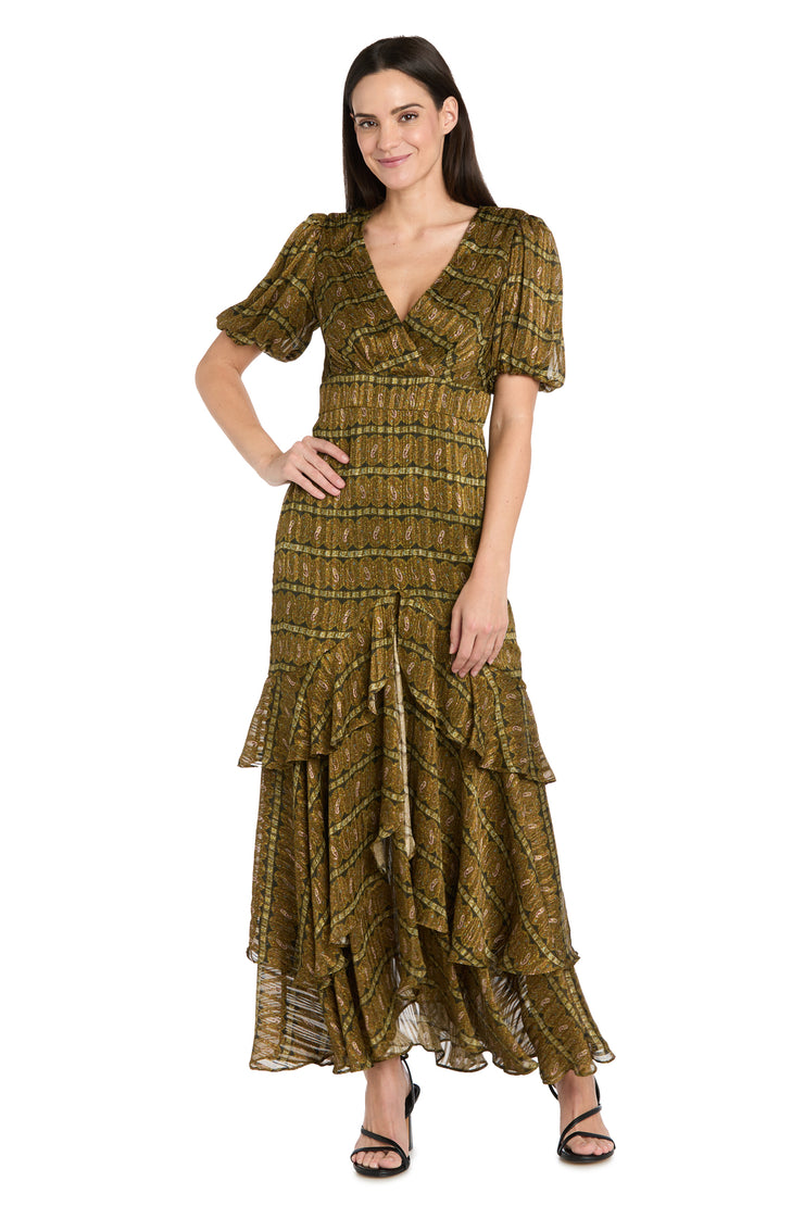 Olive Tiered Ruffle Dress with Balloon Sleeves