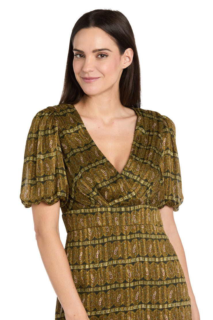 Olive Tiered Ruffle Dress with Balloon Sleeves