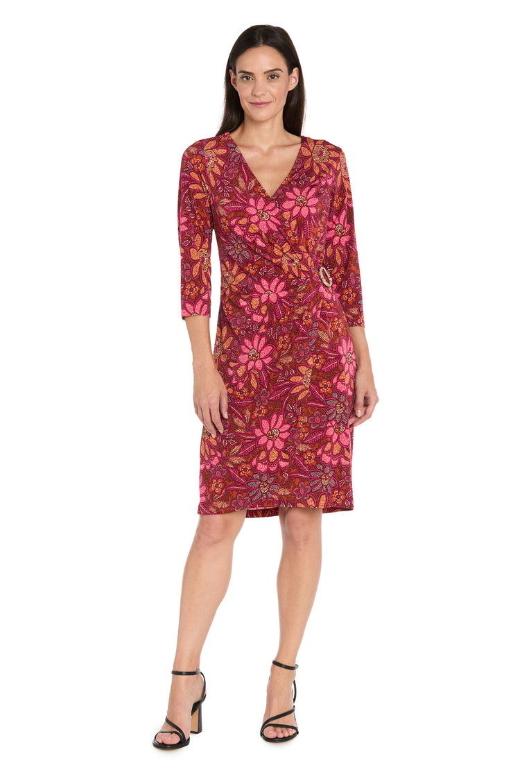 Floral Print Faux Wrap Dress with Gold Buckle