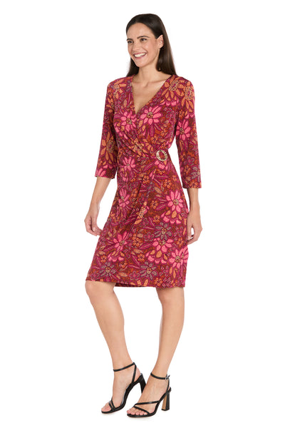 Floral Print Faux Wrap Dress with Gold Buckle