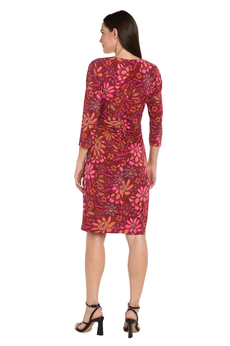 Floral Print Faux Wrap Dress with Gold Buckle