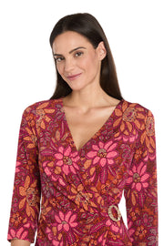 Floral Print Faux Wrap Dress with Gold Buckle