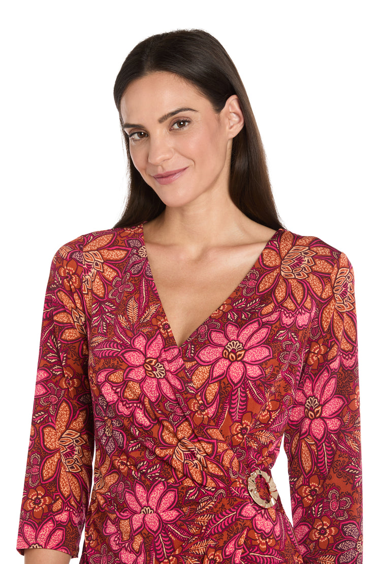 Floral Print Faux Wrap Dress with Gold Buckle