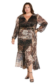 Brown Patterned Midi Dress with Gold Waist Pendant - Plus