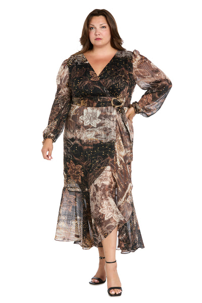 Brown Patterned Midi Dress with Gold Waist Pendant - Plus
