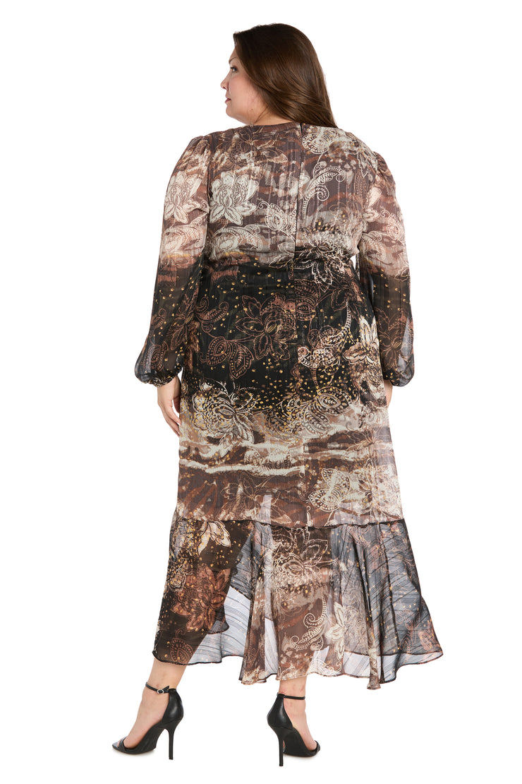 Brown Patterned Midi Dress with Gold Waist Pendant - Plus