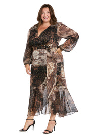 Brown Patterned Midi Dress with Gold Waist Pendant - Plus