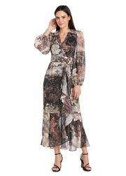 Brown Patterned Midi Dress with Gold Waist Pendant