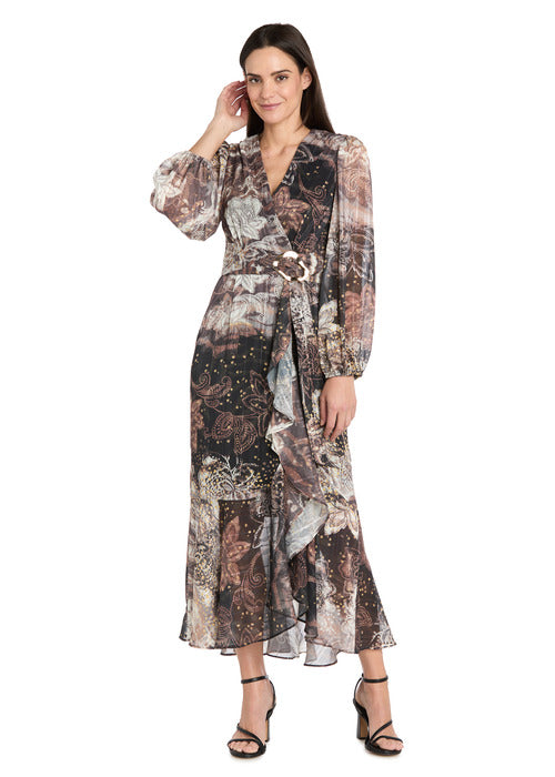 Brown Patterned Midi Dress with Gold Waist Pendant