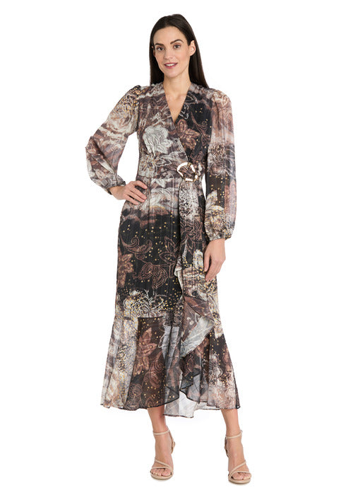 Brown Patterned Midi Dress with Gold Waist Pendant