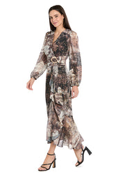 Brown Patterned Midi Dress with Gold Waist Pendant