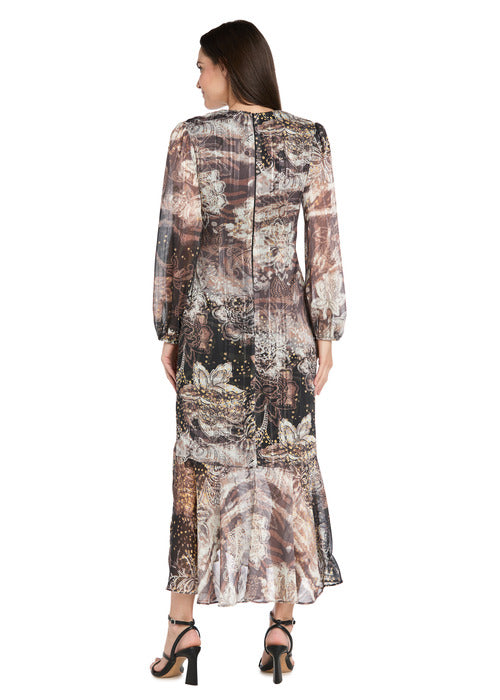 Brown Patterned Midi Dress with Gold Waist Pendant