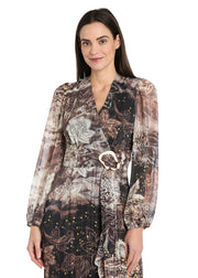 Brown Patterned Midi Dress with Gold Waist Pendant