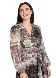 Brown Patterned Midi Dress with Gold Waist Pendant