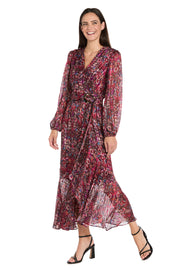 Long Sleeve Printed Metallic Satin Chiffon Dress - Petite