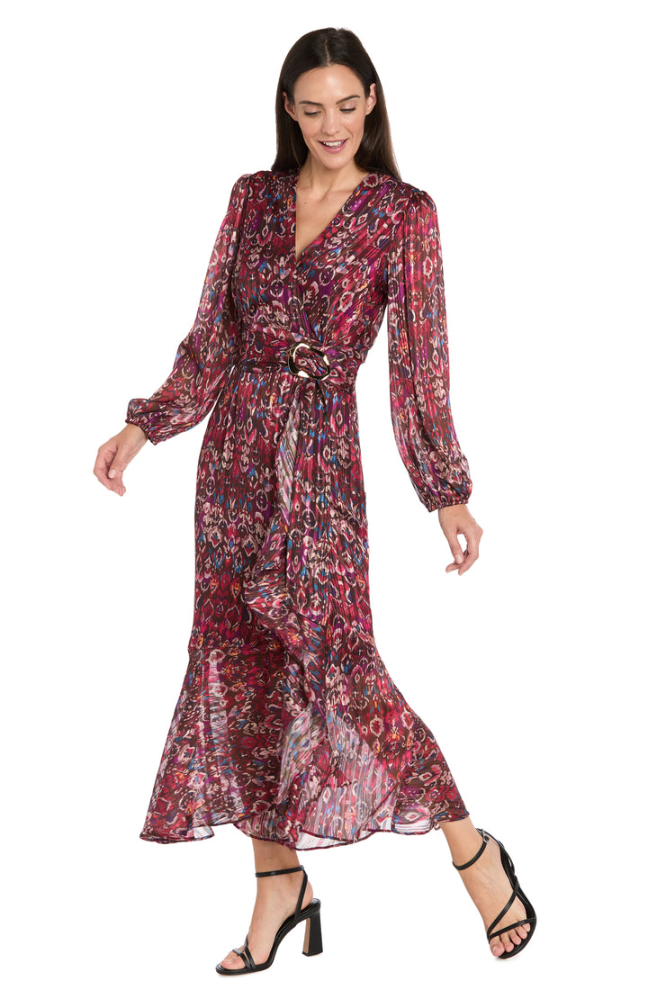Long Sleeve Printed Metallic Satin Chiffon Dress - Petite R&M Richards Long Sleeve Printed Metallic Satin Chiffon Dress - Petite R&M Richards
