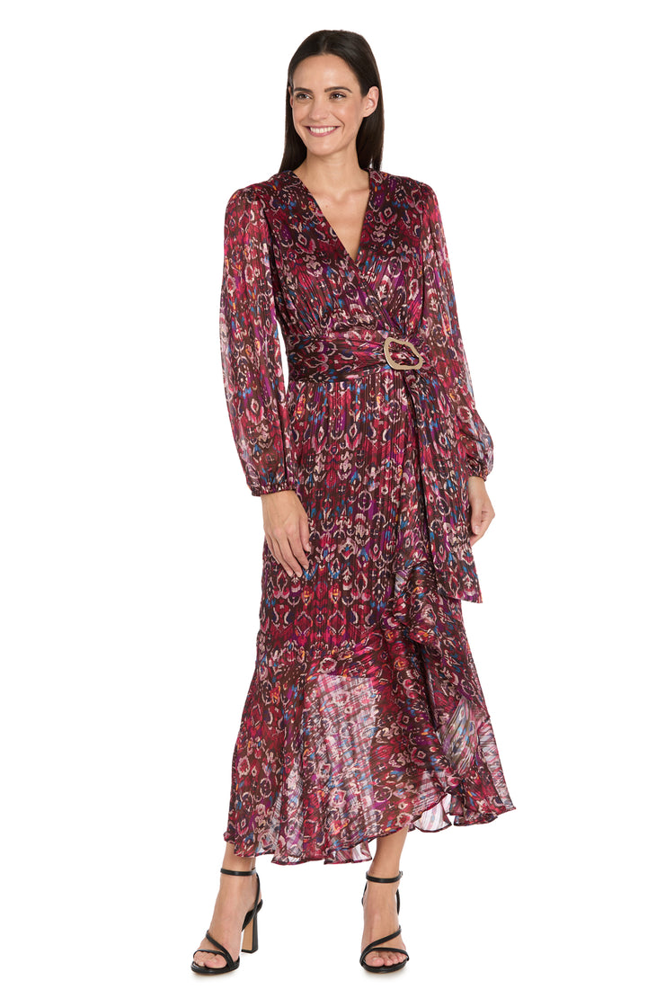 Long Sleeve Printed Metallic Satin Chiffon Dress - Petite