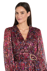 Long Sleeve Printed Metallic Satin Chiffon Dress - Petite