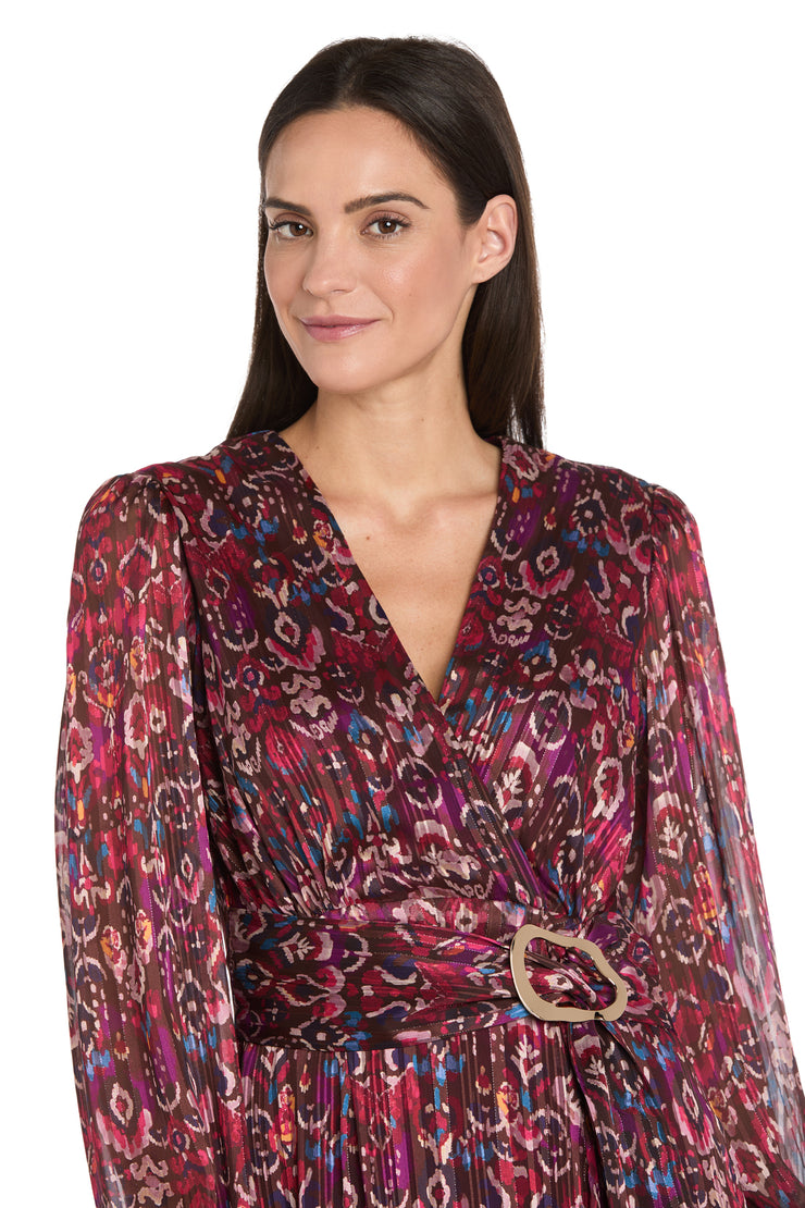 Long Sleeve Printed Metallic Satin Chiffon Dress - Petite