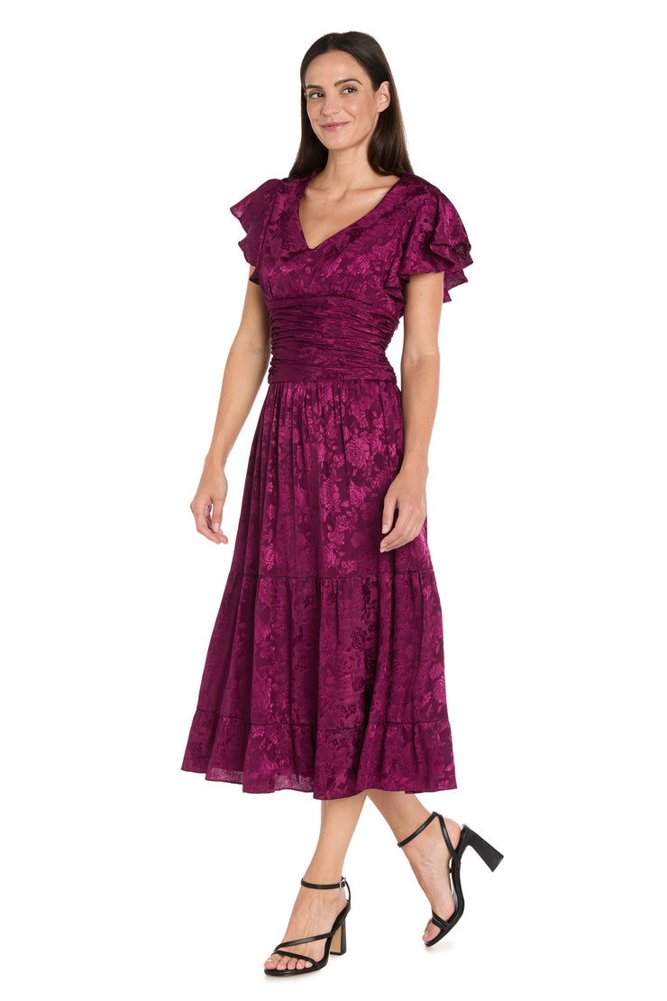Floral Sangria Jacquard Dress with Flutter Sleeve
