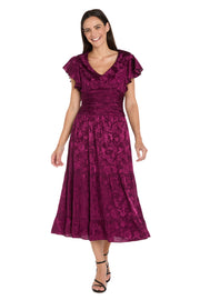 Floral Sangria Jacquard Dress with Flutter Sleeve