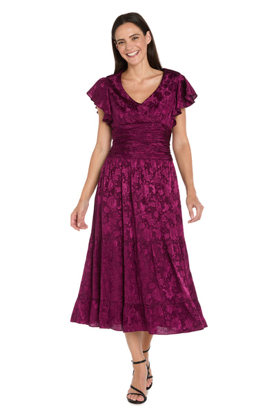 Floral Sangria Jacquard Dress with Flutter Sleeve