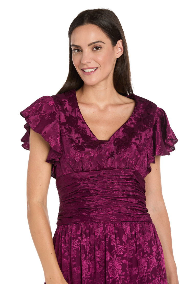 Floral Sangria Jacquard Dress with Flutter Sleeve