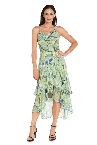 Leaf Print High-Low Chiffon Midi Dress