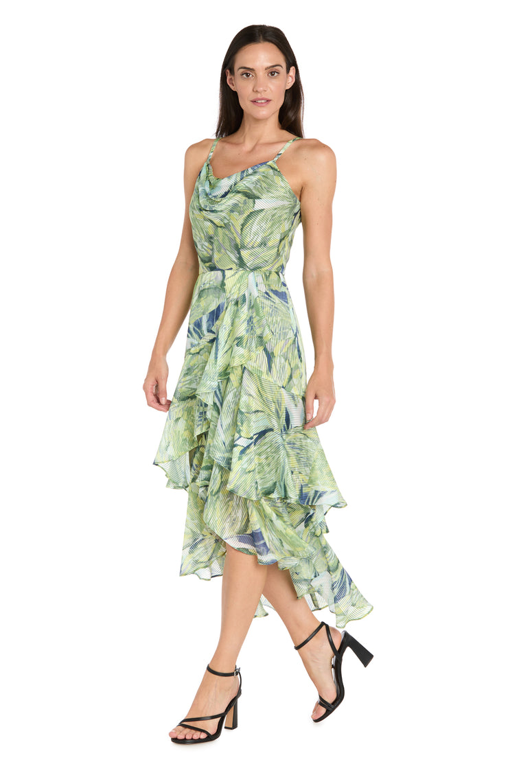 Leaf Print High-Low Chiffon Midi Dress